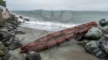 Driftwood log sits on the  shoreline at Alki Beach in West Seattle, Washington.