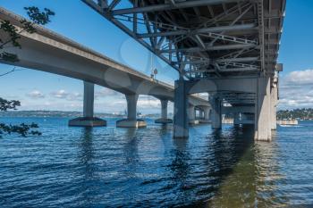 A view from under the I-90 bridge in Seattle, Washington.