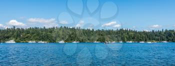 Boats are anchored on Lake Washington near Seattle.