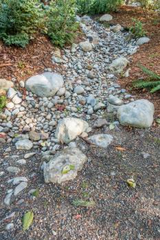 A dry stream bed in Bellevue, Washington waits for rain.