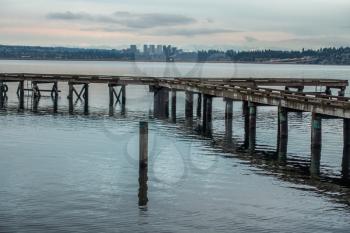 A view of a pier and the Bellevue, Washington skyline.