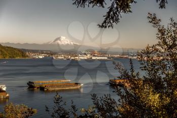 Retro version of the Port of Tacoma and Mount Rainier.