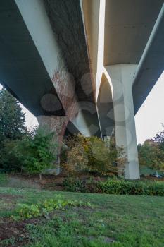 A view from beneath the west end of the I-90 bridge in Seattle, Washington.