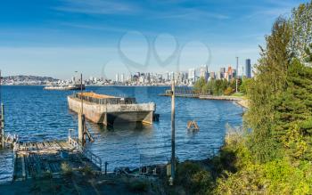 A view of the Seattle skyline from Jack Black park in West Seattle, Washington.