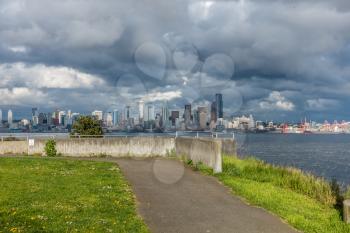 A view of the middle of the Seattle skyline across Elliott Bay.