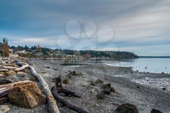 The waters of the Puget Sound are calm along the shoreline of Normandy Park, Washington.