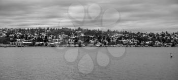 Snow covers rooftops of homes in Renton, Washington.