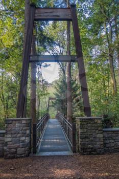 A view of a suspension bridge surrounded by trees in Bellevue, Washington.