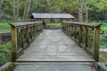 A view of a walking bridge at Dash Point State Park in Washington State.