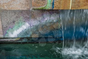 A macro shot of a colorful fountain in West Seattle, Washington.