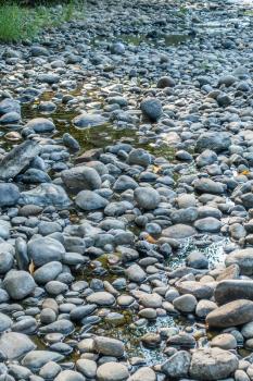 A macro shot of rocks on the shoreline of the Green River in Washington State.