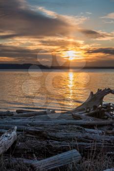 The sun sets over the Puget Sound in the Pacific Northwest.