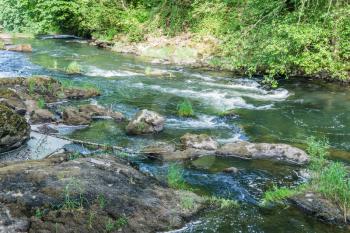 A view of rapids on the Deschutes River in Tumwater, Washington.