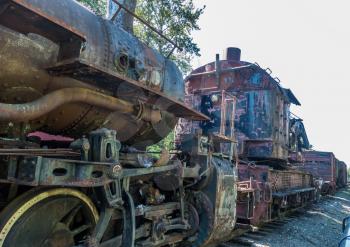 A closeup shot of an old derelict train.
