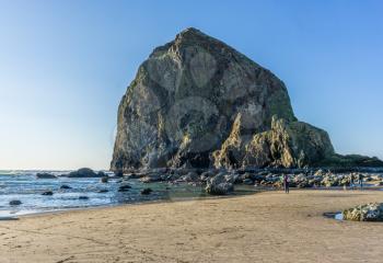 A view of the famous Haystack Rock Monolith in Cannon Beach, Oregon.