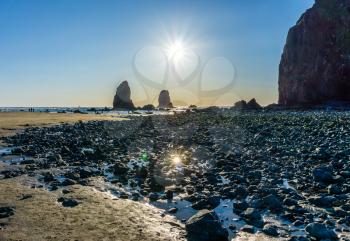A view of the famous Haystack Rock Monolith in Cannon Beach, Oregon.