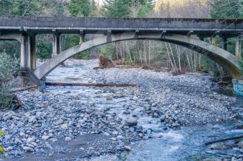 A highway brdige spans Denny Creek in Washington State.
