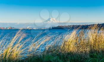 A view of the Port of Tacoma and Mount Rainier from Ruston, Washington.