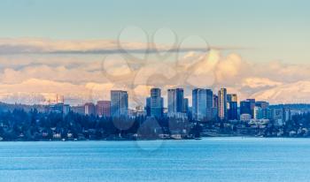 The skyline of Bellevue, Washington in the evening.