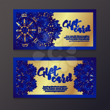 Rich gold gift certificates in the Indian style. Bohemian Cards with mandalas. Blue and gold. Unique cards for printing supplies for yoga studio