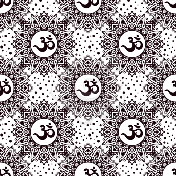 Om symbol seamless pattern. Vintage elements of black on a white background. Decal, coloring book for adults, tattoo.  Buddhist, Indian motifs yoga, meditation, spirituality.