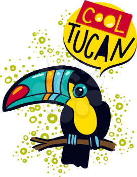 The phrase cool and colorful toucan toucan bird on a branch in the jungle. Tropical print on t-shirt, poster, card. Cartoon style. Vector art print on a T-shirt.