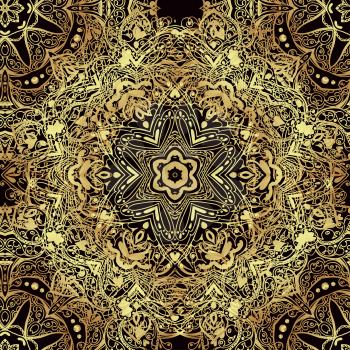 Vintage luxury background with a black backdrop and gold ornaments. Floral seamless pattern in the Baroque style, fabric, wrapping paper, print, invitation, scrapbook and textiles. Floral elements, mandala.