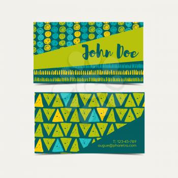 Business card vector background.  Trend green flash color. Hand drawn style.