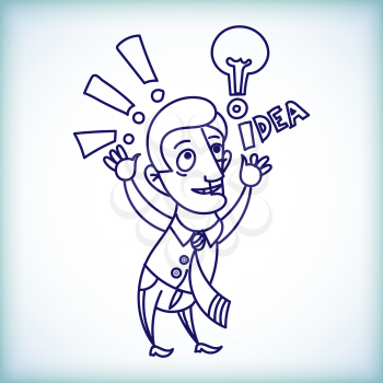 Cartoon businessman came up with the idea over his head Caps light bulb on a white background in the style of doodle
