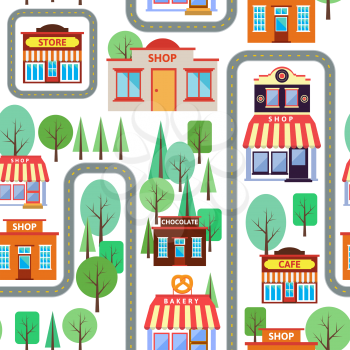 Seamless happy village houses retro new home background pattern in vector
