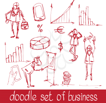 Doodle business people and charts set vector illustration. Presentation and Design.