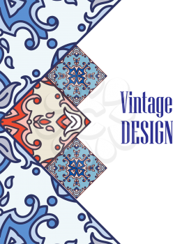 Vintage Banner for business and invitation  card.  Portuguese tiles azulejo. Template with decorative tiles ornamental element. For  postcard, brochure, advertising,  bookmark, leaflet. Vector.