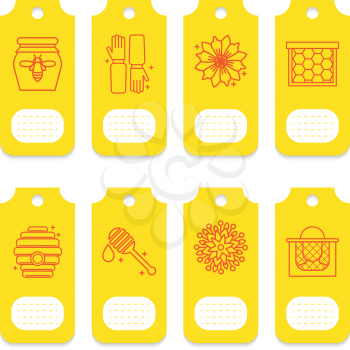 Set of tags for beekeeping, honey, apiary. 8 yellow cards for decoration of packaging of cometics, soap, honey products, pollen, propolis