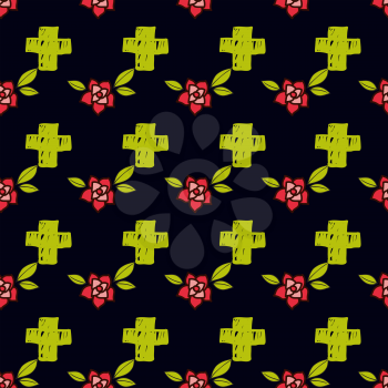Crosses and flowers in an old-style tattoo. The day of the Dead. Seamless pattern on a black background. Texture for scrapbooking, wrapping paper, textiles, web page, surface design, fashion