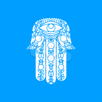 Laser cutting template greeting card Hamsa. Protective amulet in the shape of the palm, which is used by Jews and Arabs. Another name the hand of God. Rich ornamented panel. Cutting file. Vector.