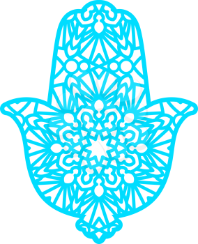 Laser cutting template greeting card Hamsa. Protective amulet in the shape of the palm, which is used by Jews and Arabs. Another name the hand of God. Rich ornamented panel. Cutting file. Vector.