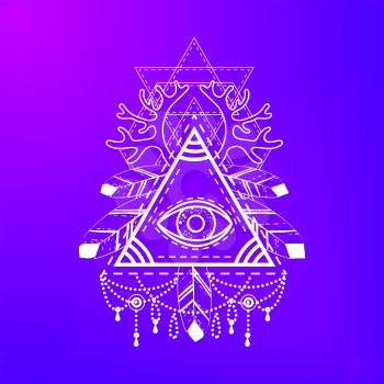 
All-seeing eye pyramid symbol. Old school tattoo. Mystic sign of alchemy, of Providence, the occult, magic, Freemasonry and the Illuminati. Conspiracy theory. Vector illustration.