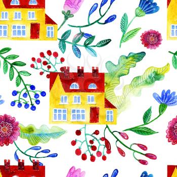 Home Sweet. Watercolor seamless pattern of the house, flowers, berries leaves Texture for wrapping paper, textiles, home decor, skins smartphone background textile wallpaper, surface design, fashion