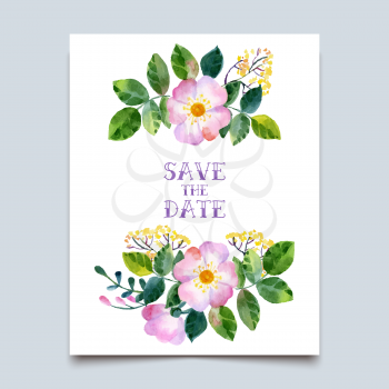 Vector watercolor colorful floral with summer flowers and central white copy space for your text. Vector hand drawn watercolor wreath with flowers. Save the date. Wedding invitation
