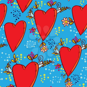 Seamless pattern with hearts and flowers with a doodle-style graphics sketch