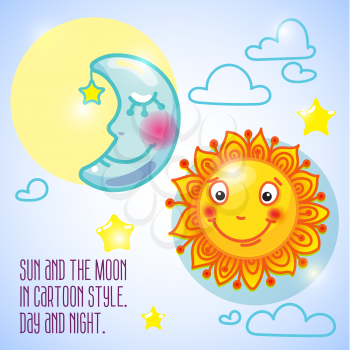 Shining yellow smiling sun and sleeping blue moon cartoon character a balance harmony icon of day and night