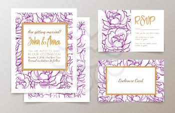 A set of office supplies for weddings and bachelorette party invitation, thank you cards, rsvp in classic vintage style. Roses, drawn in ink and gold.