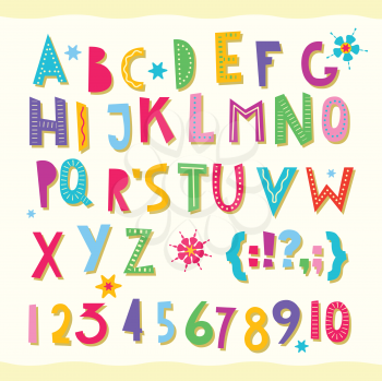 Children s font. Funny kid cartoon letters for school, kindergarten. Fonts for kids zone, decoration. Include numbers and signs. Cute color alphabet. baby lettering. Creative ABC vector design