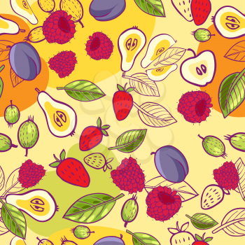 seamless texture with berries and fruits on yellow background