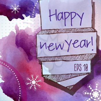 Lavender Christmas abstract background with inscription happy new year and texture watercolor