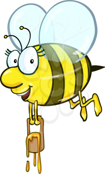 Bee cartoon holding honey bucket on white background