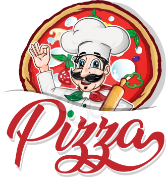 Emblem of funny italian Chef on pizza  background