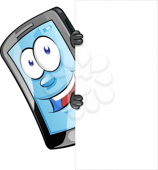 Mobile Phone character with Blank Sign . Vector Clip Art
