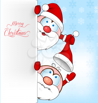 funny santa clus cartoon on background with signboard