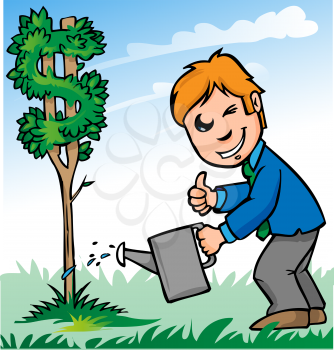 business man cartoon watering dollar tree